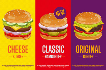Classic Burger and cheeseburger template flyer vector illustration elements. Set of abstract advertising banners about fast food meal. Three banners of different burgers of vintage style.