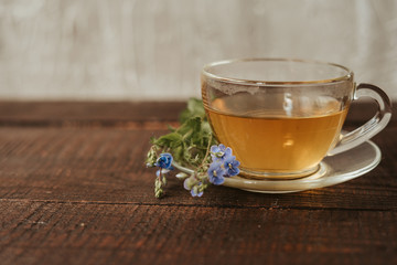 glass cup of tea with herbs. flowers in the cup.