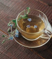 glass cup of tea with herbs. flowers in the cup.