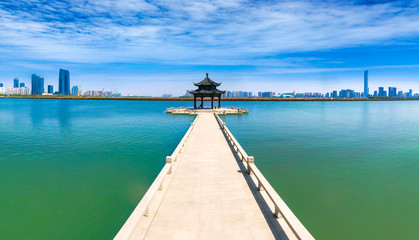 Obraz premium Aerial view of Lake Pavilion, Jinji Lake, Suzhou City, Jiangsu Province