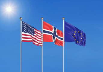 Three realistic flags of European Union, USA (United States of America) and Norway. 3d illustration.
