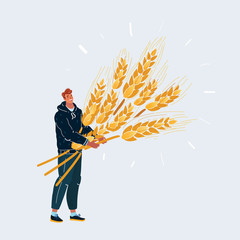 Fototapeta na wymiar Man with big sheaf of wheat. Character on white background.