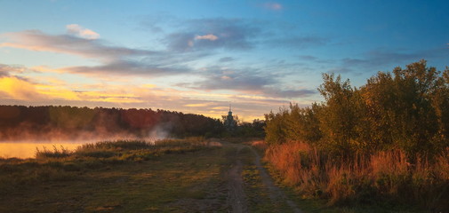 Summer dawn on a pond with fog+