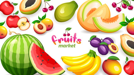 Banner with different tropical fruits isolated on white background, vector illustration in flat style