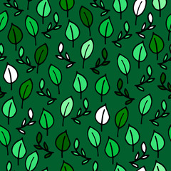 Seamless floral vector pattern. Green Leaves and branches Isolated on green Background. Tropical ornament for wallpaper, textile, wrapping paper, posters, cards. Tropical Hand-drawn eco illustration