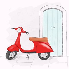 Red vintage scooter near wall with a door sketch