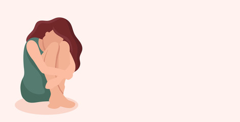 Sad woman sits. Victim of domestic and sexual violence. Social problems. Support for women. Banner for web site or social networks. Space for text.Vector cartoon illustration.