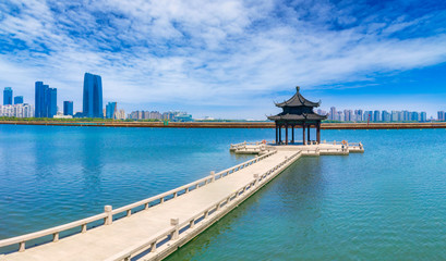 Fototapeta na wymiar Aerial view of Lake Pavilion, Jinji Lake, Suzhou City, Jiangsu Province