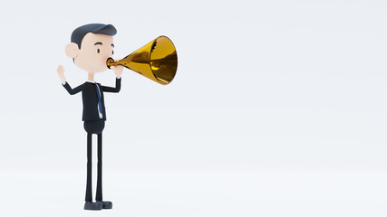 Businessman 3D character shouting into the golden retro megaphone,