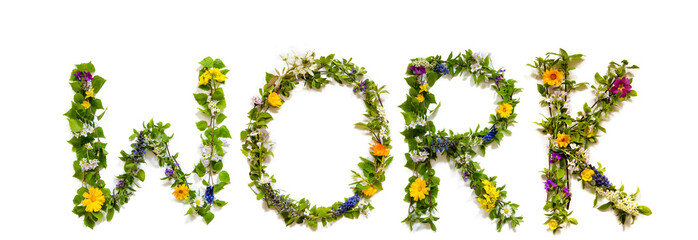Flower, Branches And Blossom Letter Building English Word Work. White Isolated Background