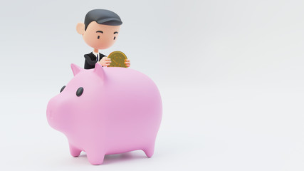 Businessman 3D character with piggy bank. Safe money storage concept. 3d rendering. Copy space banner.