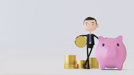 Businessman 3D character with piggy bank. Safe money storage concept. 3d rendering. Copy space banner.