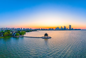 Naklejka premium Aerial view of Lake Pavilion, Jinji Lake, Suzhou City, Jiangsu Province