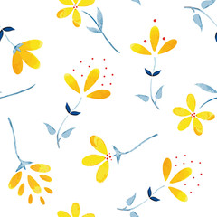 Fototapeta na wymiar Vector Beautiful Yellow Watercolor Wild Florals on White seamless pattern background. Perfect for fabric, scrapbooking and wallpaper projects.