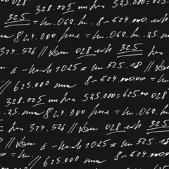 Handwritten abstract text and numbers vector seamless pattern, vector monochrome script isolated on blackboard background, mathematics and accounting backdrop