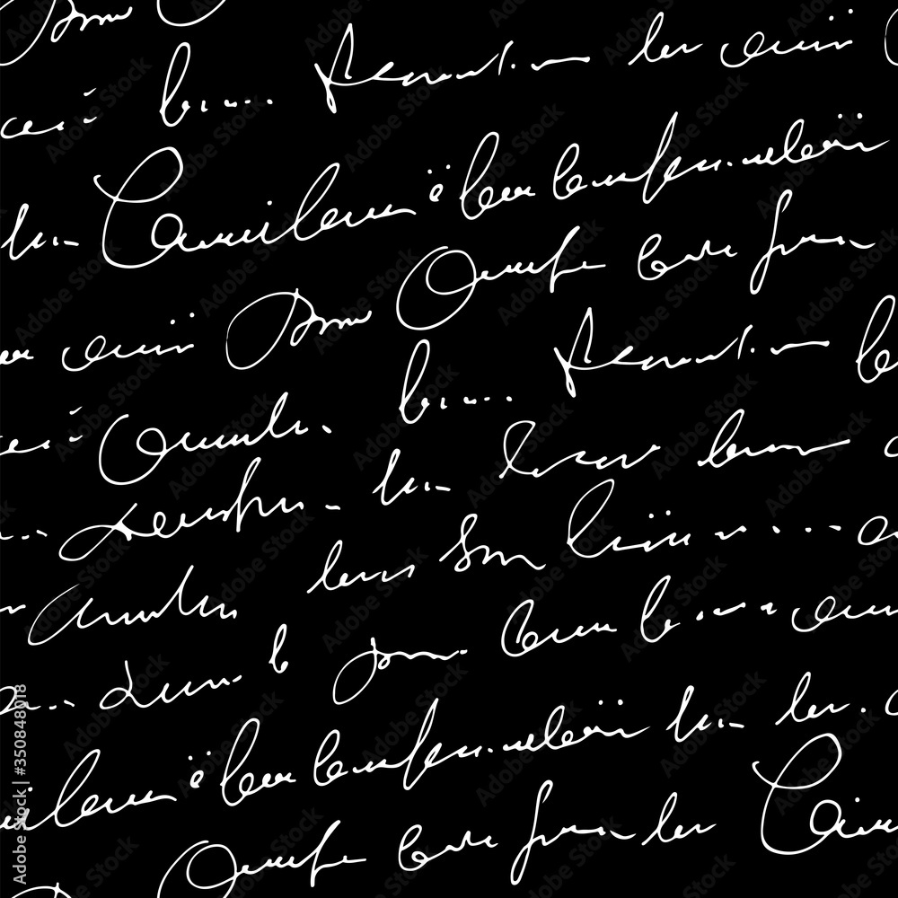 Poster Handwritten abstract text vector seamless pattern, vector monochrome script isolated on blackboard background