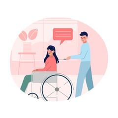 Male Doctor Helping Disabled Young Woman who is Sitting in Wheelchair, Healthcare Assistance Vector Illustration