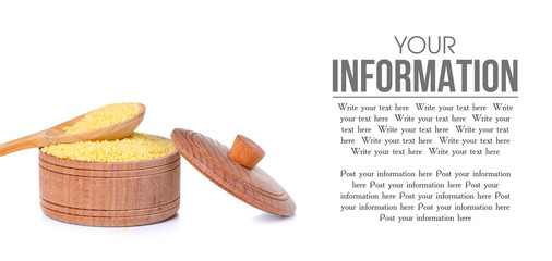 Cuscus in wooden bowl with lid and wooden spoon on white background isolation, space for text