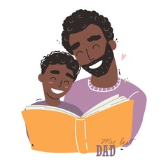 black african american Father reading a book to his son. Happy loving family and Fathers Day.