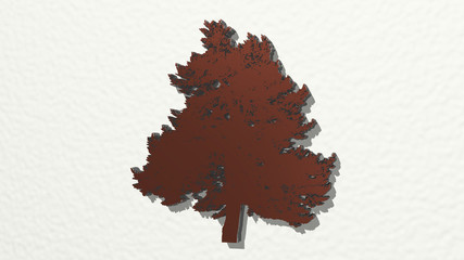 TREE made by 3D illustration of a shiny metallic sculpture on a wall with light background