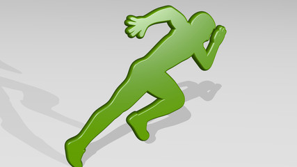 Fototapeta premium MAN FAST RUNNING made by 3D illustration of a shiny metallic sculpture on a wall with light background