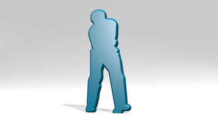 man playing golf on the wall. 3D illustration of metallic sculpture over a white background with mild texture