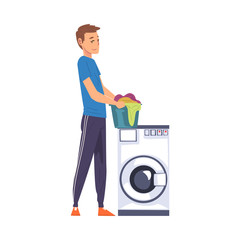 Man Holding Laundry Basket While Standing Next Washing Machine, Household Activity, Housekeeping, Everyday Duties and Chores Cartoon Vector Illustration
