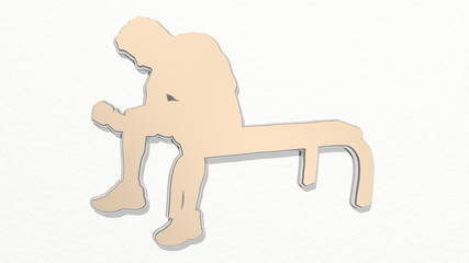 ATHLETIC MAN WITH DUMBBELLS on the wall. 3D illustration of metallic sculpture over a white background with mild texture