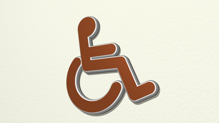 DISABLED SIGN from a perspective on the wall. A thick sculpture made of metallic materials of 3D rendering