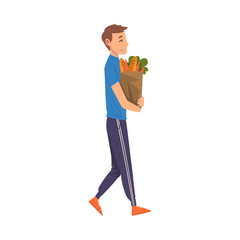 Man Carrying Grocery Paper Bag Full of Healthy Food, Household Activity, Housekeeping, Everyday Duties and Chores Cartoon Vector Illustration