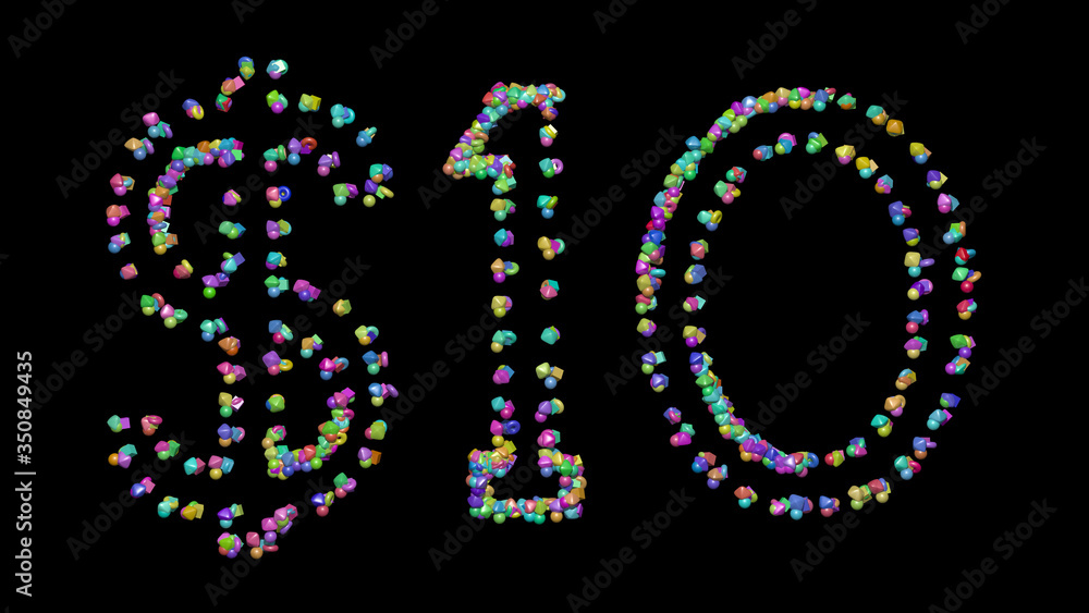 Poster $ written in 3d illustration by colorful small objects casting shadow on a black background