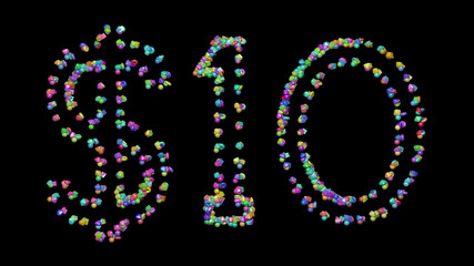 $ written in 3D illustration by colorful small objects casting shadow on a black background