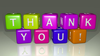 crosswords of Thank You! arranged by cubic letters on a mirror floor, concept meaning and presentation