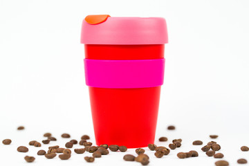  plastic cup with coffee, Red Keep cup on white background with coffe beans