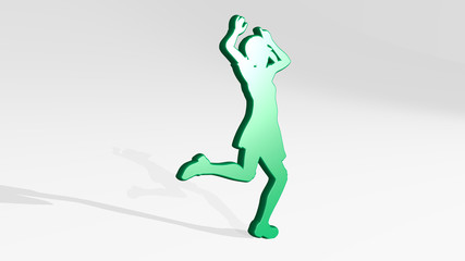 girl dancing made by 3D illustration of a shiny metallic sculpture on a wall with light background