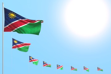 cute many Namibia flags placed diagonal with bokeh and free space for your content - any holiday flag 3d illustration..