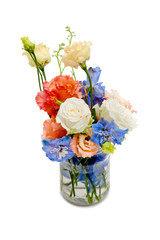 several flowers (blue, orange-yellow) in a glass jar with water