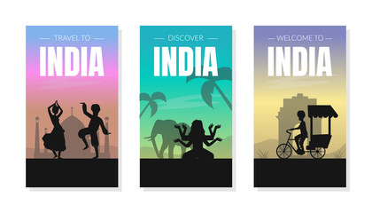 Welcome and Discover India Card Templates Set with Silhouettes of People and Famous Cultural Symbols Vector Illustration