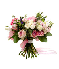 wedding bouquet in pastel colors, consisting of roses, eucalyptus leaves