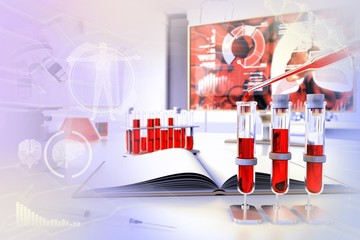 proofs in microbiology facility - blood gene test for white blood cells or triglycerides, medical 3D illustration with creative gradient overlay
