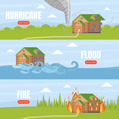 Home Insurance Service Landing Page Template Set, Protection of House from Hurricane, Flood, Fire, Online Web Page, Mobile App Vector Illustration