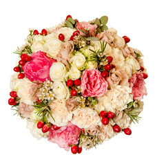 wedding bouquet with delicate roses, carnations and hypericum.