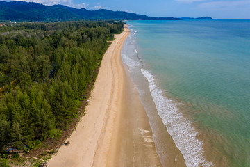 Aerial view of closed resorts and a deserted tropical beach in Thailand during the Coronavirus lockdown and travel bans