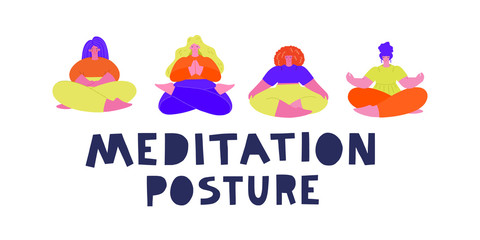 A group of women sitting meditating. Flat illustration of meditating yogis with meditation posture hand lettering. Vector illustration of meditation posture.