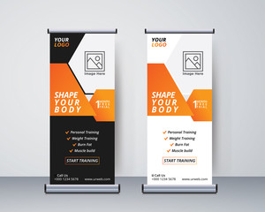 Fitness Roll up banner design template, vertical, abstractbackground, pull up design, modern x-banner, rectangle size.