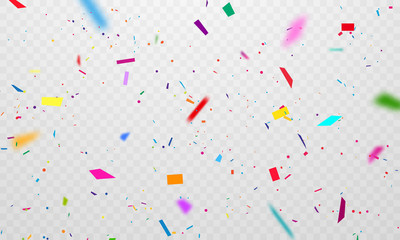 Celebration background template with confetti and colorful ribbons.