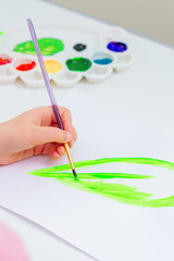Child's hand drawing green leaf by watercolors on white sheet of paper. Earth day concept.