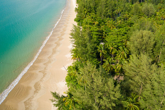 Aerial drone view of a deserted tropical beach in Thailand during the Coronavirus lockdown and travel bans