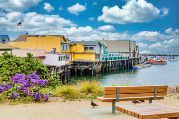 Colorful buildings on the old boardwalk in Monterey California - obrazy, fototapety, plakaty
