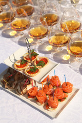 outdoor table with appetizers of salmon on skewers and glasses of alcohol